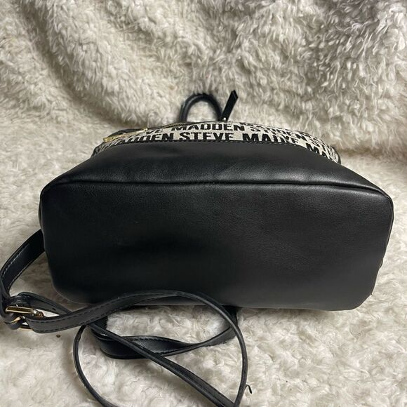 Steve Madden canvas black &white logo small backpack  black faux leather trims main image 7